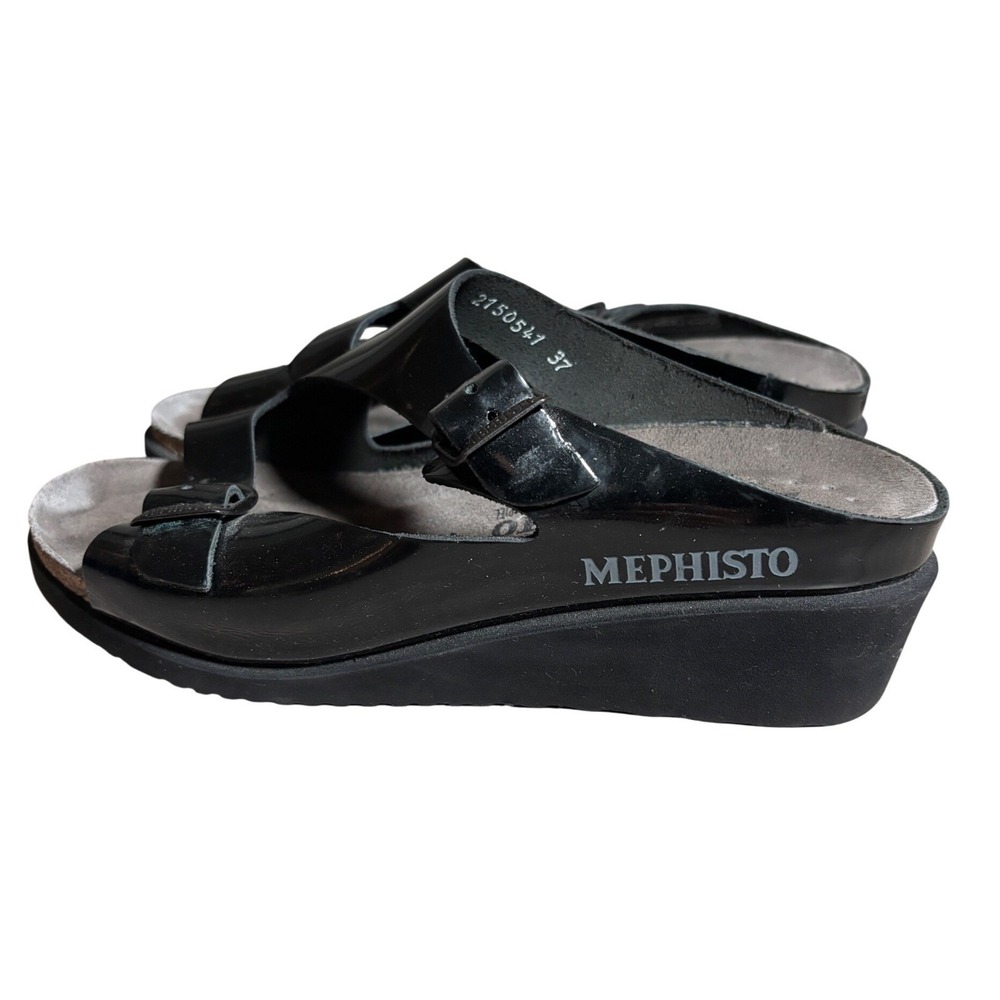 Mephisto Womens 6 Black Patent Leather Wedge Sandals Buckle Straps France Whimsy - Picture 1 of 11